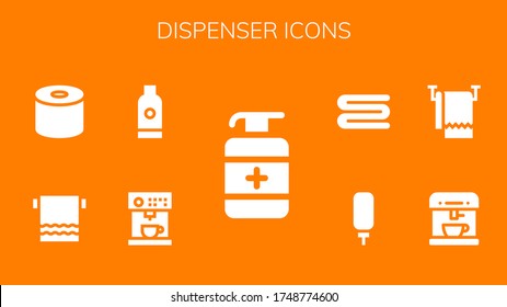 conjunto de iconos del dispensador. 9 iconos de dispensador rellenos. Incluido Antiséptico, Cafetera, Shampoo, Toalla, Tejido, Iconos dispensadores de agua