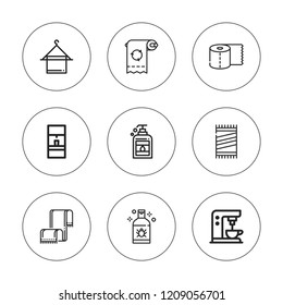 Dispenser icon set. collection of 9 outline dispenser icons with coffee machine, liquid soap, shampoo, toilet paper icons. editable icons.