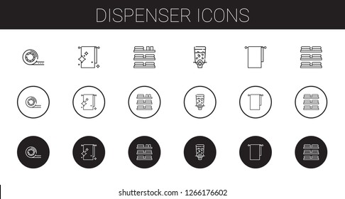 dispenser icons set. Collection of dispenser with tape, towel, towels. Editable and scalable dispenser icons.