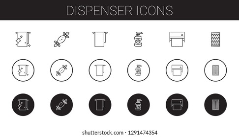 dispenser icons set. Collection of dispenser with towel, tissues, towels, shampoo. Editable and scalable dispenser icons.