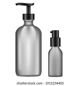 Dispenser pump bottle. Black glass gel or soap container mockup. Isolated serum spray bottle 3d mockup, perfume. Liquid hand sanitize disinfectant packaging template. Shower wash