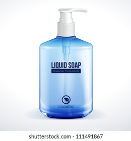 Dispenser Pump Cosmetic Or Hygiene Blue Glass Bottle Of Gel, Liquid Soap, Lotion, Cream, Shampoo. Vector EPS10