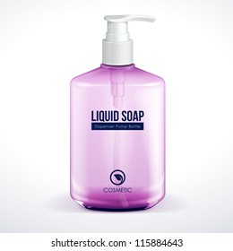 Dispenser Pump Cosmetic Or Hygiene Purple Violet Red Pink Glass Bottle Of Gel, Liquid Soap, Lotion, Cream, Shampoo. Vector EPS10