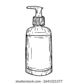 Dispenser of shampoo, disinfectant or liquid soap, black and white ink sketch. Vector illustration. Bottle with dispenser and label, isolated on a white background. A glass bottle with a pump