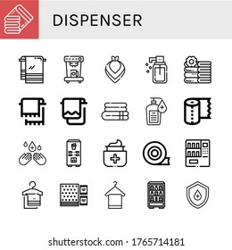 conjunto de iconos simples del dispensador. Contiene iconos como Toallas, Toalla, Cafetera, Kerchief, jabón líquido, sanitizador de manos, toalla de papel, antiséptico, que se pueden usar para web, móvil y logotipo