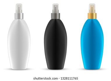 Dispenser Spray Bottle. Sunscreen Protection Container. Aerosol Packaging for Cosmetic Water, Protection Oil, Collagen Liquid. Realistic 3d Tube isolated on White.
