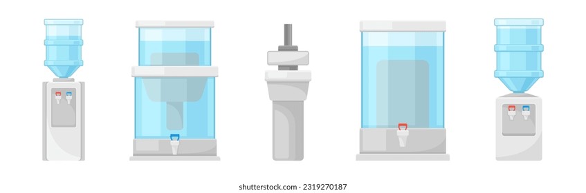 Dispenser or Water Cooler with Filter for Drinking Purified Water Vector Set