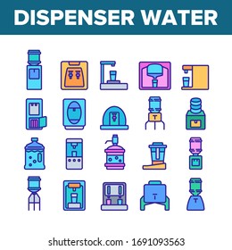 Dispenser Water Tool Collection Icons Set Vector. Dispenser Water Electronic Equipment And With Manual Pump, Cooling And Heating Device Concept Linear Pictograms. Color Contour Illustrations