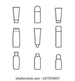 Dispensers, batchers. line drawing set of cosmetic bottles on white background. Vector illustration
