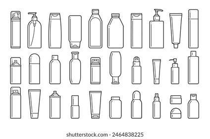 Dispensadores, lotes. conjunto de dibujo de línea de botellas cosméticas sobre fondo blanco. Ilustración vectorial