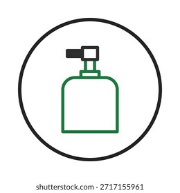 Un icono de botella dispensadora en un estilo delineado, enmarcado por un círculo negro. El diseño es limpio y minimalista, lo que lo hace adecuado para diversas aplicaciones, incluyendo la atención médica, cosméticos y