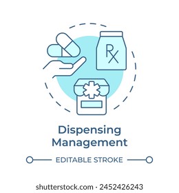 Dispensing management soft blue concept icon. Retail pharmacy, storefront. Pharmaceutical products. Round shape line illustration. Abstract idea. Graphic design. Easy to use in infographic, article