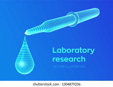 Dispensing pipette with emerging drop. Laboratory research. Wireframe medical pipette with liquid and falling droplet. Scientific pharmaceutical or biochemistry research concept. Vector illustration.