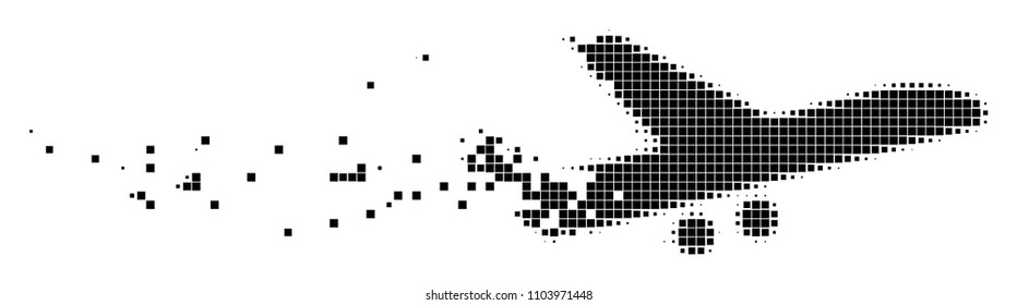 Dispersed aiplane dotted vector icon with disintegration effect. Square cells are grouped into dissipated aiplane figure.