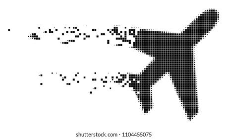 Dispersed air plane dotted vector icon with disintegration effect. Rectangle points are combined into dissolving air plane figure.
