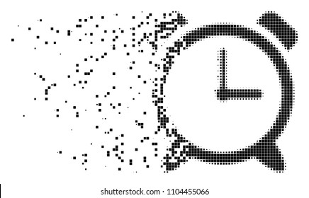 Dispersed alarm clock dotted vector icon with disintegration effect. Square points are grouped into disappearing alarm clock shape.