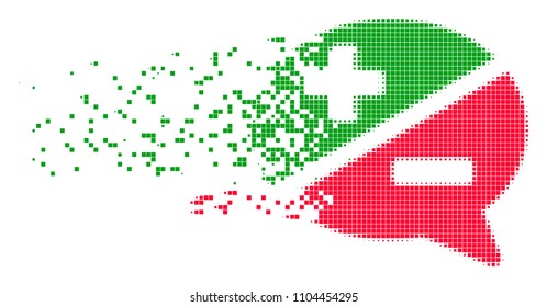 Dispersed arguments dot vector icon with disintegration effect. Rectangle pieces are composed into dissipated arguments form.