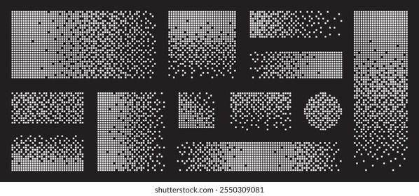 Conjunto de plano de fundo disperso. Desintegração de pixels, gradiente de pixels, efeito de decaimento, mosaico, retângulo de transformação. Transição de pixels - vetor de ações.