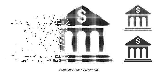 Dispersed bank building pixel icon with disintegration effect. Halftone pixelated and intact whole gray variants. Dots have rectangular shape.