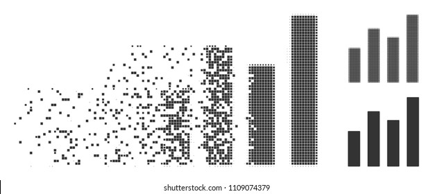 Dispersed bar graph dotted icon with disintegration effect. Halftone pixelated and undamaged entire grey versions. Dots have rectangular shape. Fragments are organized into dissipated bar graph shape.