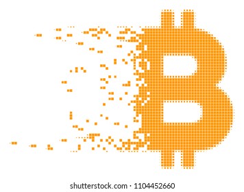 Dispersed Bitcoin dotted vector icon with disintegration effect. Square points are grouped into dissipated Bitcoin form. Pixel disappearing effect shows speed and movement of cyberspace matter.