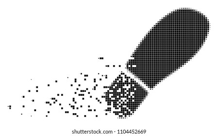 Dispersed boot footprint dotted vector icon with disintegration effect. Rectangular pixels are composed into dissolving boot footprint figure.