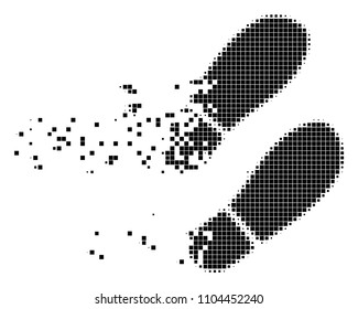 Dispersed boot footprints dotted vector icon with disintegration effect. Square elements are organized into dispersed boot footprints figure.
