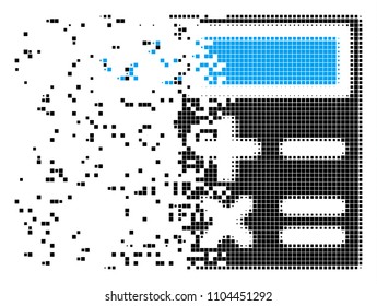 Dispersed calculator dotted vector icon with disintegration effect. Rectangular points are arranged into dissolving calculator form.