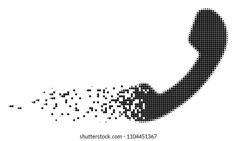Dispersed call dotted vector icon with disintegration effect. Rectangle cells are arranged into damaging call form. Pixel destruction effect shows speed and movement of cyberspace objects.