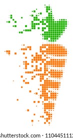 Dispersed carrot dotted vector icon with disintegration effect. Square elements are grouped into damaging carrot shape. Pixel disintegration effect demonstrates speed and motion of cyberspace matter.