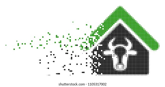 Dispersed cattle farm dotted vector icon with wind effect. Square pieces are composed into dissolving cattle farm figure. Pixel abrasion effect demonstrates speed and motion of cyberspace concepts.