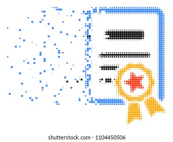 Dispersed certificate dotted vector icon with disintegration effect. Rectangle pieces are composed into dispersed certificate figure.