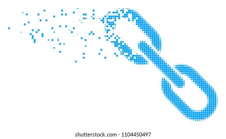 Dispersed chain dot vector icon with disintegration effect. Rectangular particles are composed into dispersed chain form. Pixel dissolution effect shows speed and movement of cyberspace objects.
