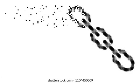 Dispersed chain dot vector icon with disintegration effect. Rectangular dots are grouped into disappearing chain form. Pixel fragmentation effect demonstrates speed and movement of cyberspace matter.