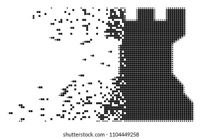 Dispersed chess tower dotted vector icon with disintegration effect. Rectangular points are arranged into disappearing chess tower form.