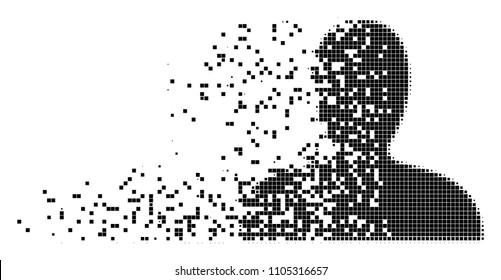 Dispersed client dotted vector icon with erosion effect. Rectangular items are composed into dissipated client shape. Pixel explosion effect shows speed and motion of cyberspace matter.