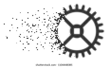 Dispersed clock gear dot vector icon with disintegration effect. Square fragments are composed into dispersed clock gear shape. Pixel dust effect shows speed and motion of cyberspace things.