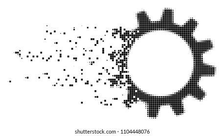 Dispersed cogwheel dot vector icon with disintegration effect. Rectangular fragments are combined into dissolving cogwheel figure.