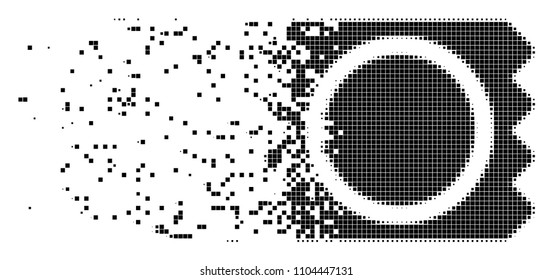 Dispersed condom package dotted vector icon with disintegration effect. Rectangle dots are grouped into damaging condom package shape.