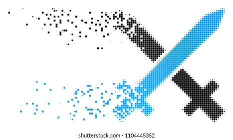 Dispersed crossing swords dot vector icon with disintegration effect. Rectangle dots are organized into disappearing crossing swords form.