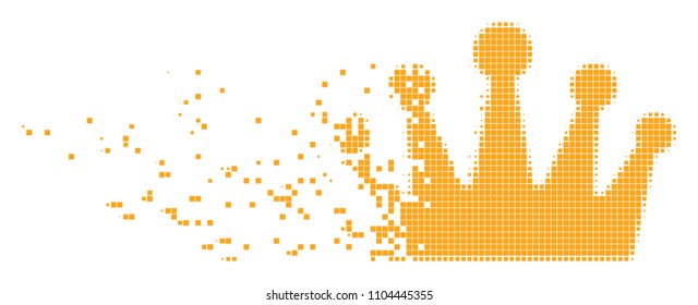 Dispersed crown dotted vector icon with disintegration effect. Rectangle pixels are combined into dissolving crown figure. Pixel dissipating effect demonstrates speed and motion of cyberspace objects.