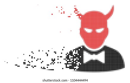 Dispersed devil dotted vector icon with disintegration effect. Square items are grouped into dissolving devil shape. Pixel dissipating effect demonstrates speed and motion of cyberspace abstractions.