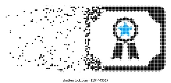 Dispersed diploma dotted vector icon with disintegration effect. Square cells are grouped into dissipated diploma shape. Pixel dissipation effect shows speed and movement of cyberspace abstractions.