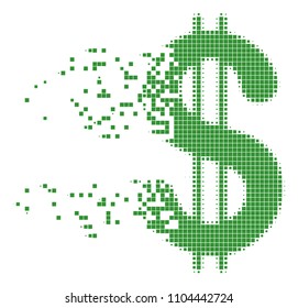 Dispersed dollar dotted vector icon with disintegration effect. Rectangle particles are organized into disappearing dollar figure.