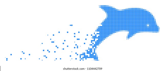 Dispersed dolphin dot vector icon with disintegration effect. Square cells are combined into dissipated dolphin figure. Pixel disintegration effect shows speed and movement of cyberspace things.