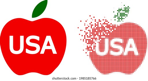 Dispersed dot American apple vector icon with wind effect, and original vector image. Pixel dissipating effect for American apple shows speed and motion of cyberspace matter.