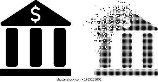 Dispersed dot bank building Vektorsymbol mit Wind-Effekt und Originalvektorbild. Pixel verschwindende Wirkung für Bankgebäude zeigt Geschwindigkeit und Bewegung von Cyberspace-Dingen.