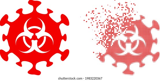 Dispersed dot biorisk coronavirus Vektorsymbol mit Wind-Effekt und Originalvektorbild. Der Effekt der Pixelabbaubarkeit von Biogefährdungscoronavirus zeigt Geschwindigkeit und Bewegung von Elementen aus dem Cyberspace.