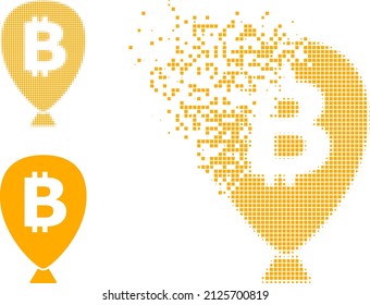 Icono vectorial de balón de bitcoin punto disperso con efecto de viento e imagen vectorial original. El efecto de desfragmentación de píxeles para el globo de bitcoin demuestra la velocidad y el movimiento de las cosas del ciberespacio.