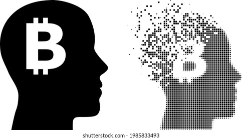 Icono vectorial de imaginación de bitcoin punto disperso con efecto de destrucción e imagen vectorial original. El efecto de desintegración de píxeles para la imaginación de bitcoin muestra la velocidad y el movimiento de los conceptos del ciberespacio.